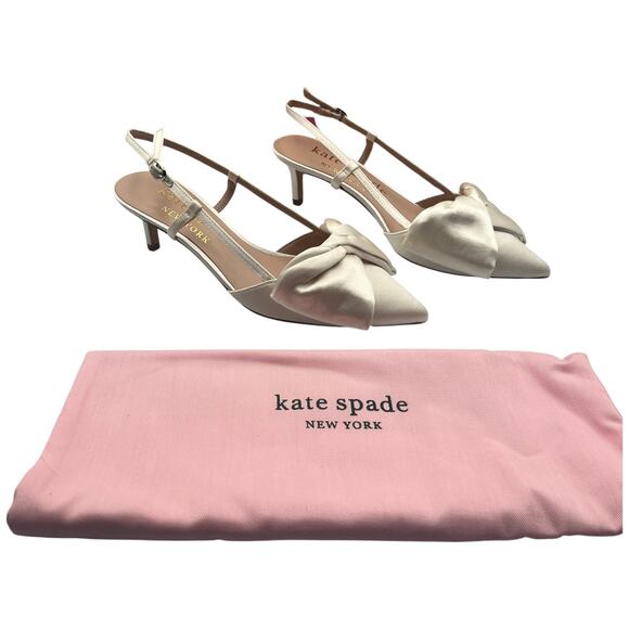 Kate Spade Marseille Bow Satin Pointed Toe Kitten Heels Pumps Ivory Size 8 - Picture 1 of 9